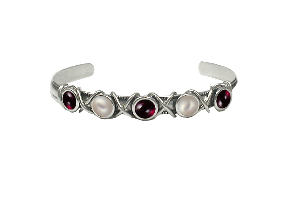 Sterling Silver Cuff Bracelet With Garnet And Cultured Freshwater Pearl